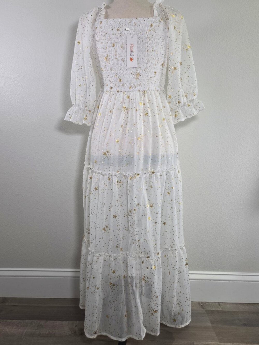 Petallush White Gold Star Print Smocked Chiffon Tiered Maxi Dress NWT Size XS